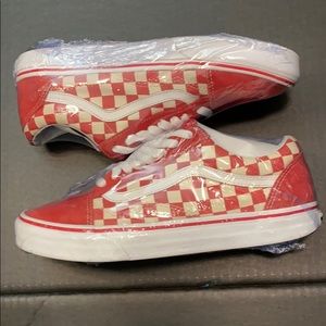 Checkerboard red and white vans